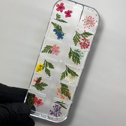 (E) Dried Flower Nail Art Box – 12-Grid Mixed Real Pressed Dry Flowers