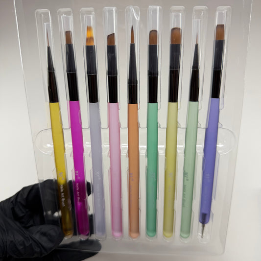 Pastel nail art brush set with flat and detail brushes, multicolor handles, ideal for gel and acrylic nail designs