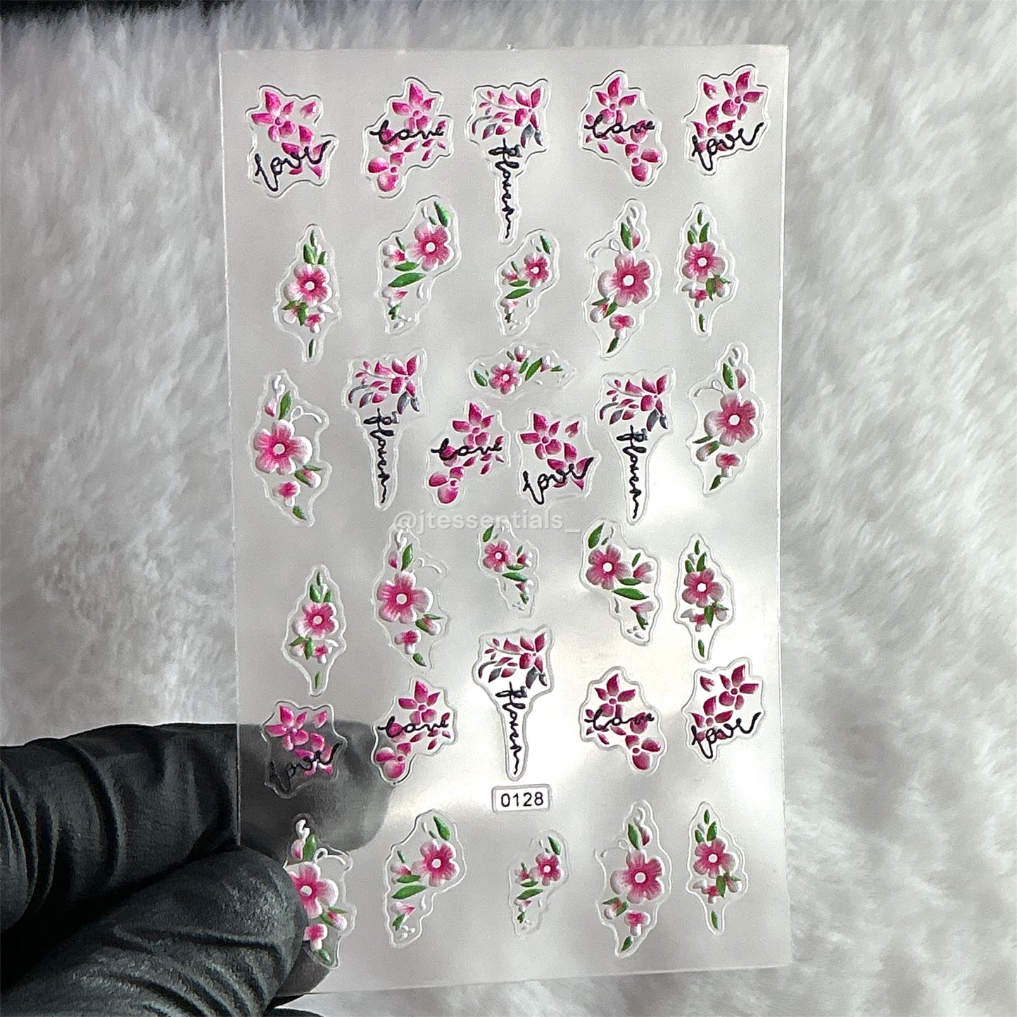 5D Pink Floral Nail Stickers with Love Text – Raised Nail Decals|0128