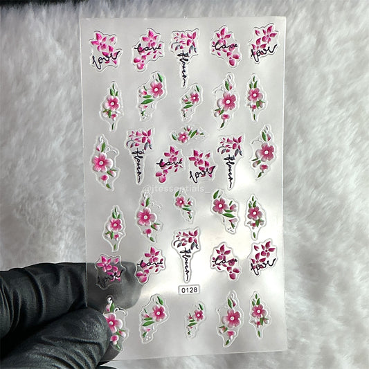 5D Pink Floral Nail Stickers with Love Text – Raised Nail Decals|0128