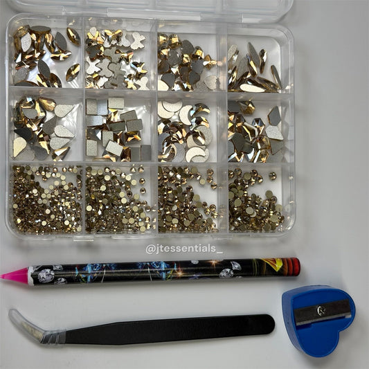 Mixed Shape Flatback Nail Rhinestone Set with sharpener, tweezers & wax pen