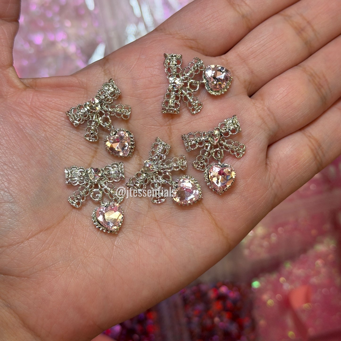 Silver Bow Heart Nail Charm | Rhinestone silver/pink color