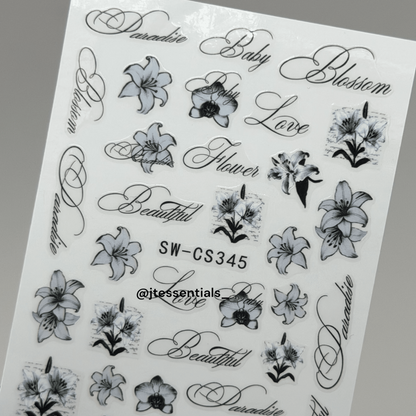 Black Floral Nail Art Stickers – Elegant Flower & Script Decals - JTessentials