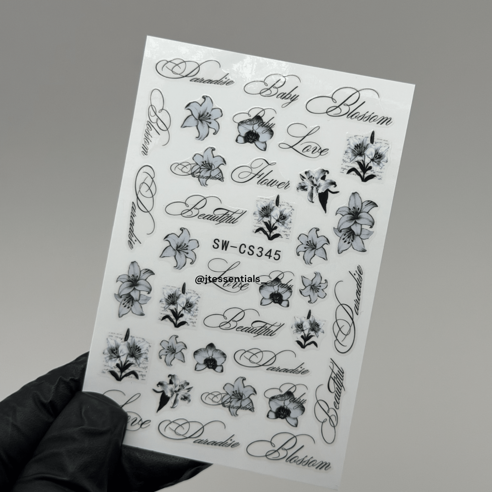 Black Floral Nail Art Stickers – Elegant Flower & Script Decals - JTessentials