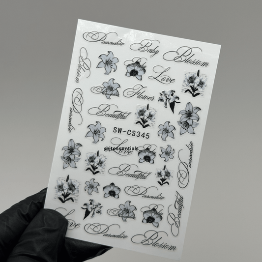 Black Floral Nail Art Stickers – Elegant Flower & Script Decals - JTessentials