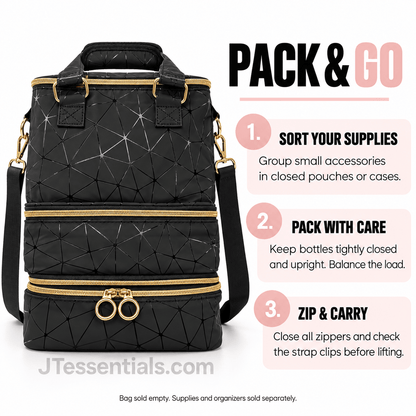 Black Geometric Nail Supply Carrying Bag with Shoulder Strap - JTessentials