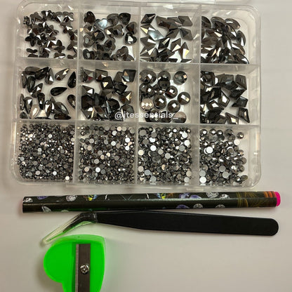 Black/Silver Mixed Shape Flatback Nail Rhinestone Set - JTessentials
