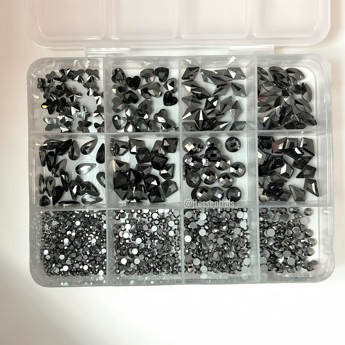 Black/Silver Mixed Shape Flatback Nail Rhinestone Set with sharpener, tweezers & wax pen - JTessentials