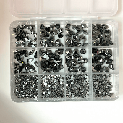 Black/Silver Mixed Shape Flatback Nail Rhinestone Set with sharpener, tweezers & wax pen - JTessentials