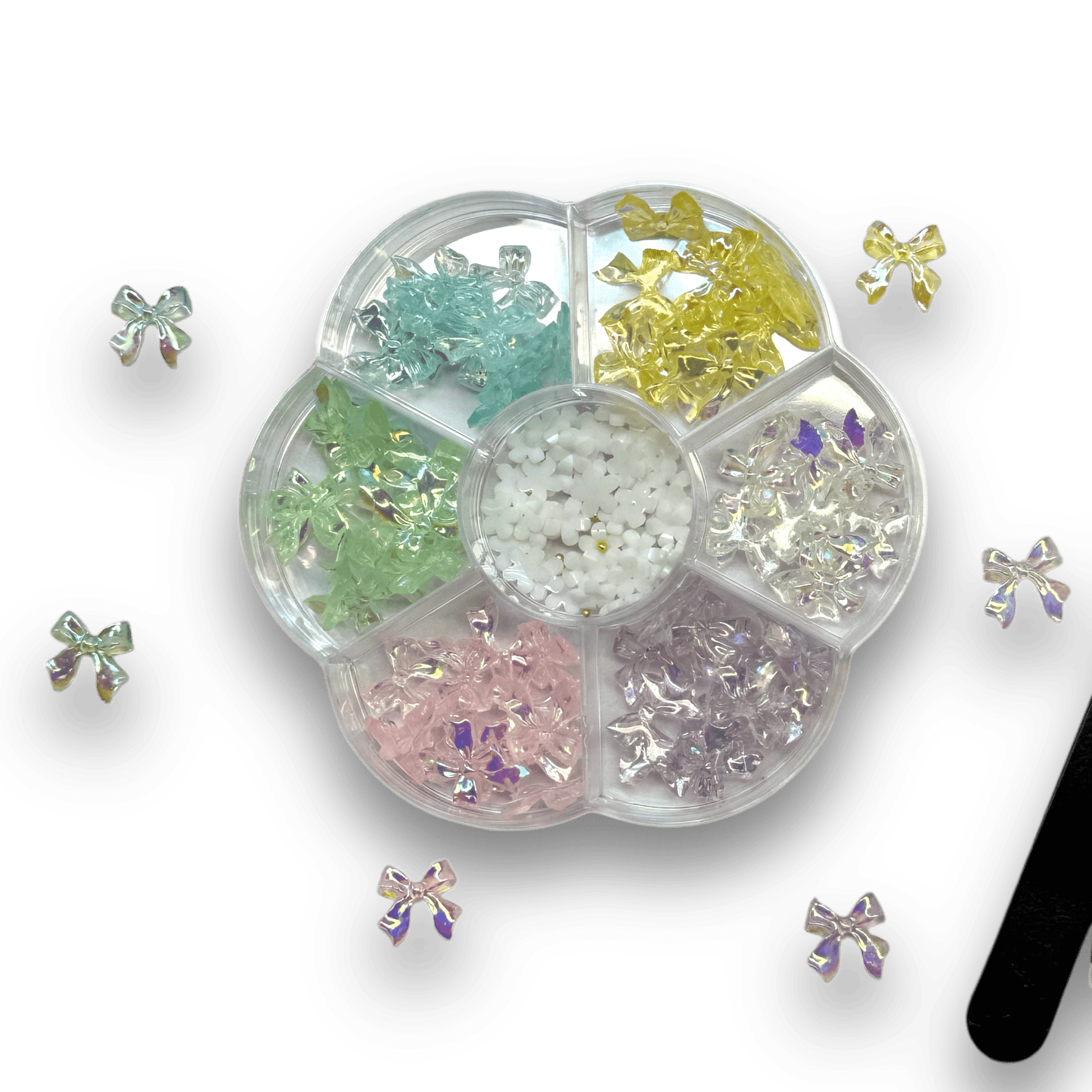Bow Nail Charm Mix Box - 6 Glossy Colors with Wax Pen & Tweezer Set - JTessentials