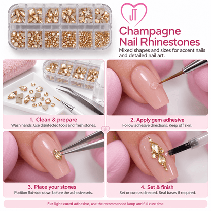 Champagne Nail Rhinestone Set – 12 Grit Mixed Shapes & Sizes - JTessentials