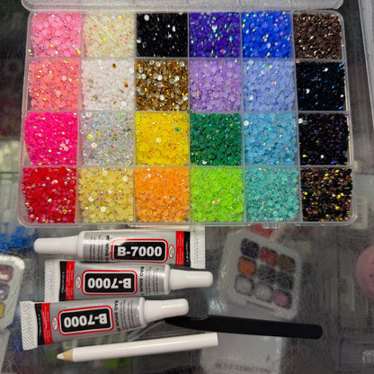 Colorful Mixed Rhinestone Box ,tweezer & Glue - JTessentials