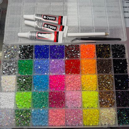 Colorful Mixed Rhinestone Box ,tweezer & Glue - JTessentials