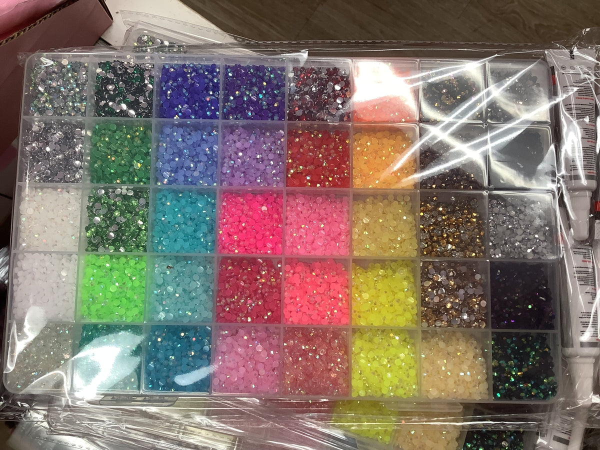 Colorful Mixed Rhinestone Box ,tweezer & Glue - JTessentials