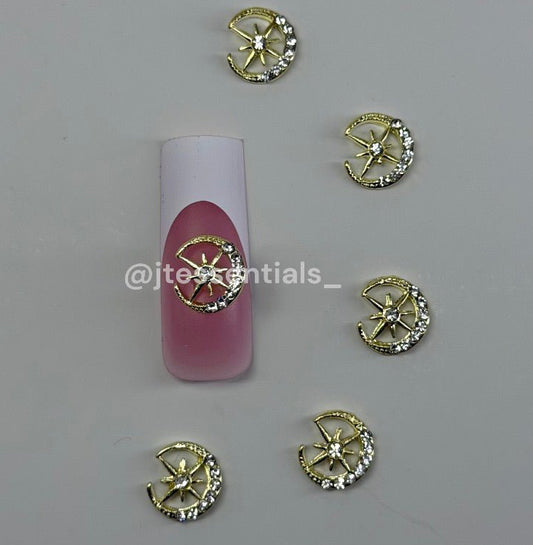 Gold Celestial Nail Charms – Moon & Star Rhinestone Design - JTessentials
