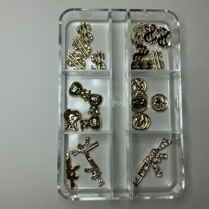 Gold Money Nail Charms Mix – Rhinestone Dollar Sign, Coin & Gun Nail Art Charms - JTessentials