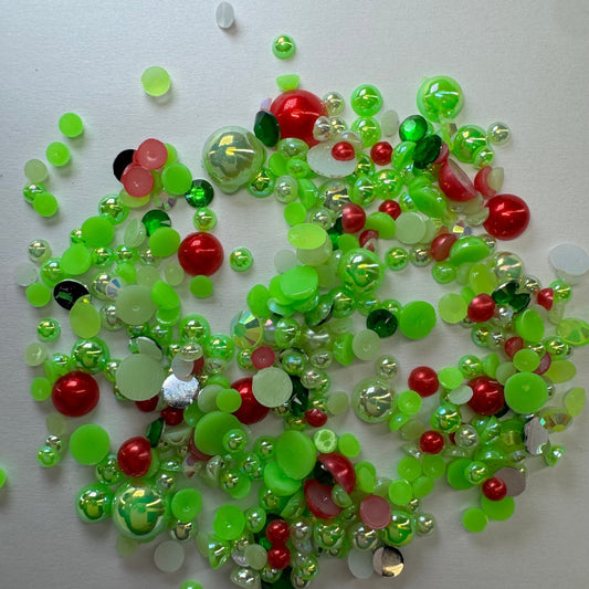 Grinch Mix Nail Pearls - Festive Green & Red Holiday Nail Art Beads - JTessentials
