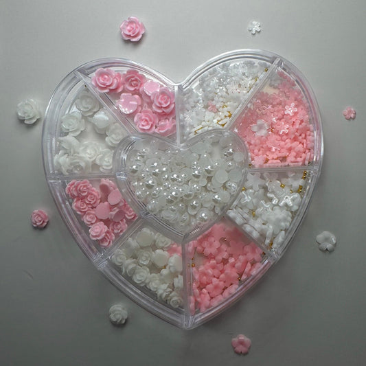 Heart Box Rose Nail Charms - Pink & White Floral Accent Set - JTessentials