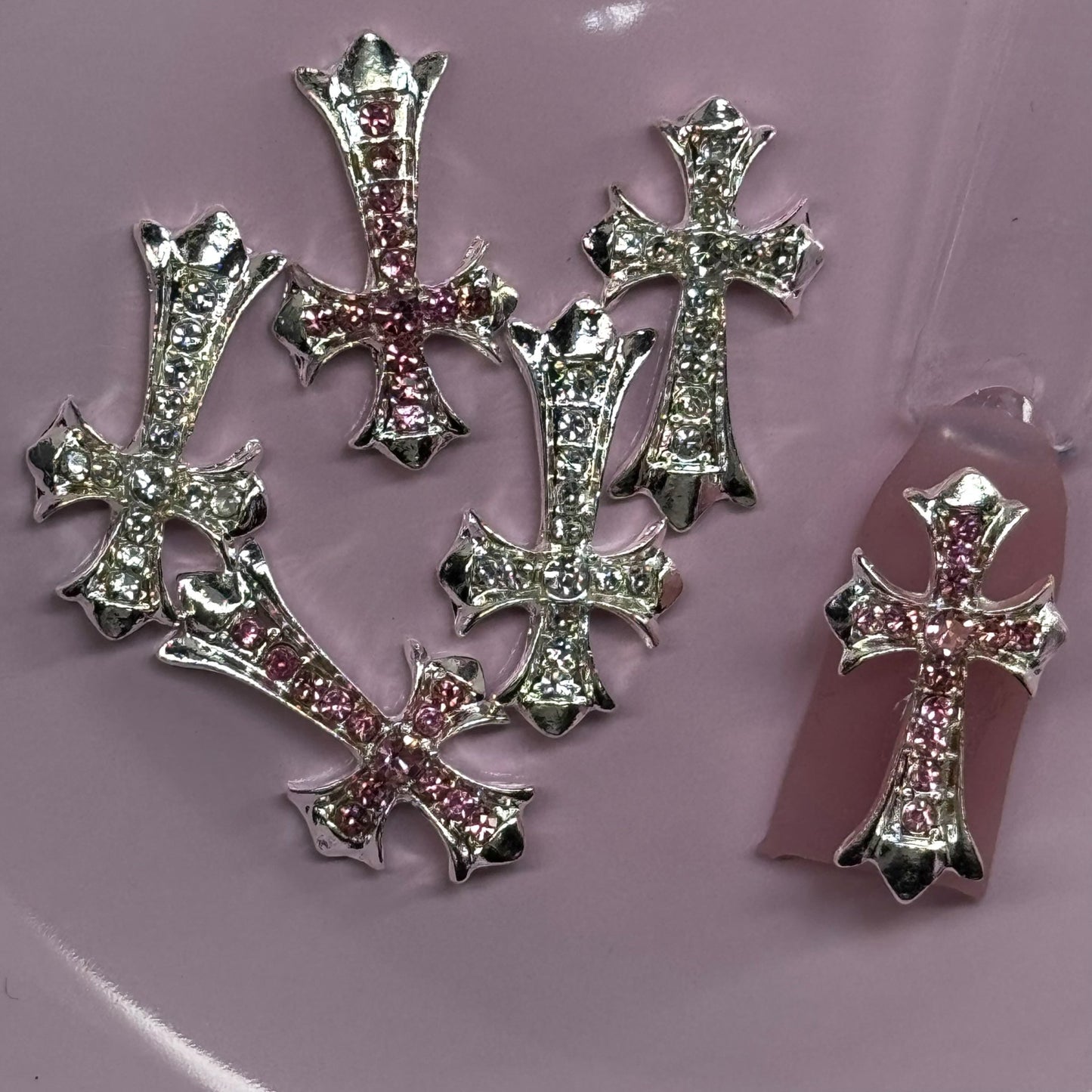 Large Silver Cross Nail Charms with Pink Rhinestones – 3D Gothic Cross Nail Art Decorations (Set of 6) - JTessentials