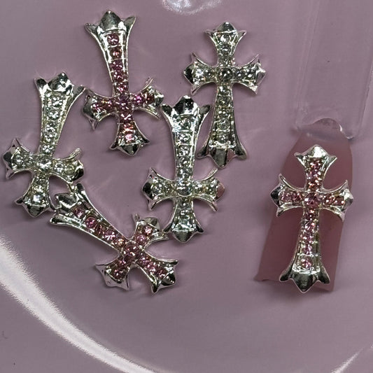 Large Silver Cross Nail Charms with Pink Rhinestones – 3D Gothic Cross Nail Art Decorations (Set of 6) - JTessentials