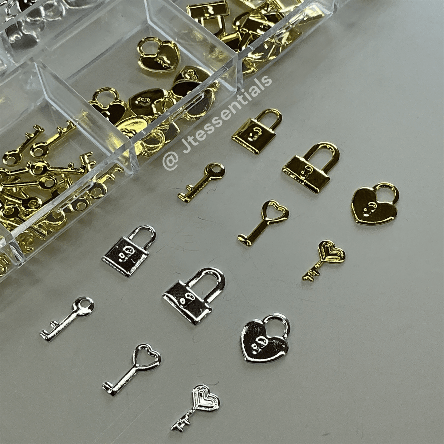 Lock & Key Metal Nail Charms Set - Gold & Silver 3D Nail Art Accessories - JTessentials