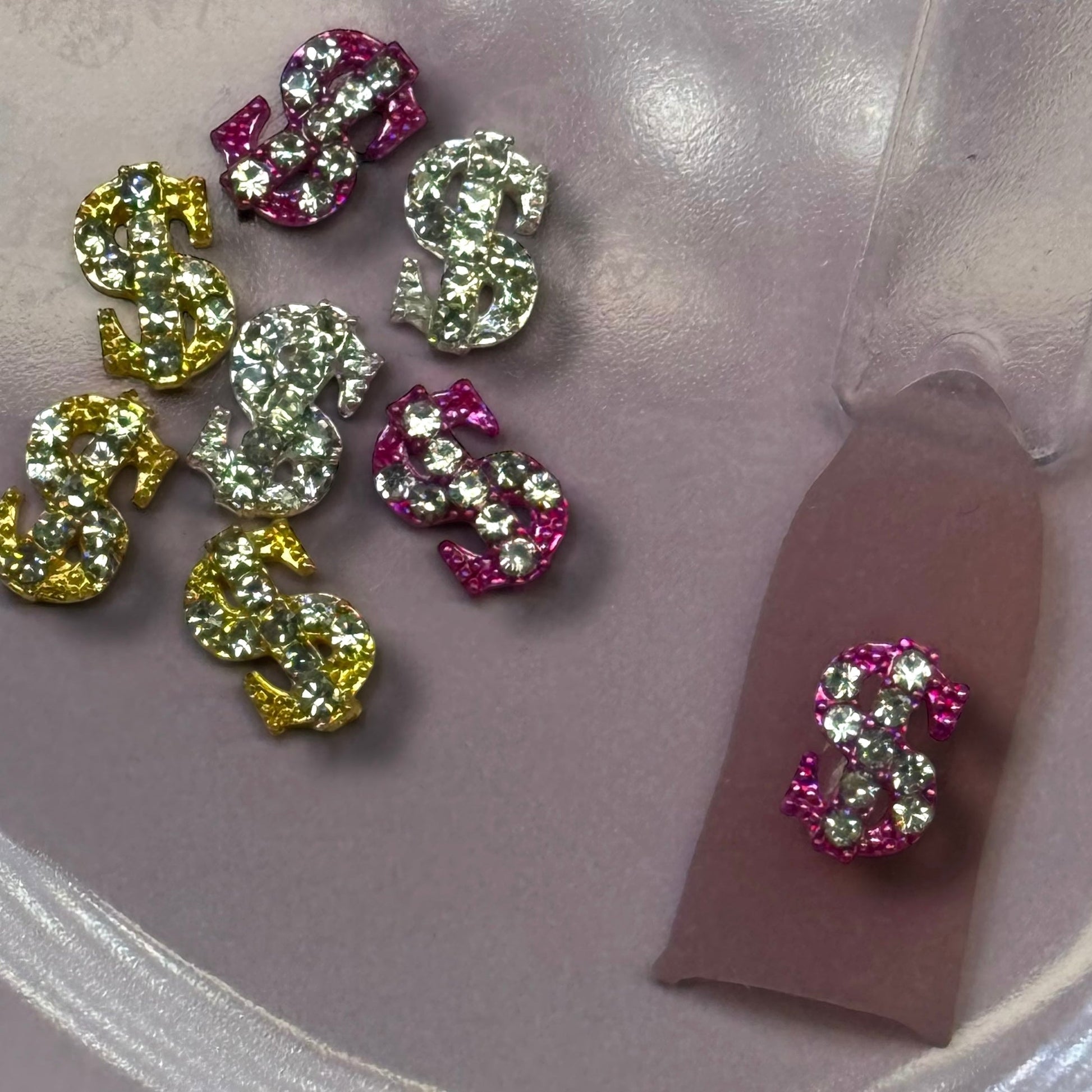 Luxury Money Sign Nail Charms – 9 Piece Mixed Set (Gold, Silver, Pink) – Bling Dollar Sign Nail Art Accessories - JTessentials