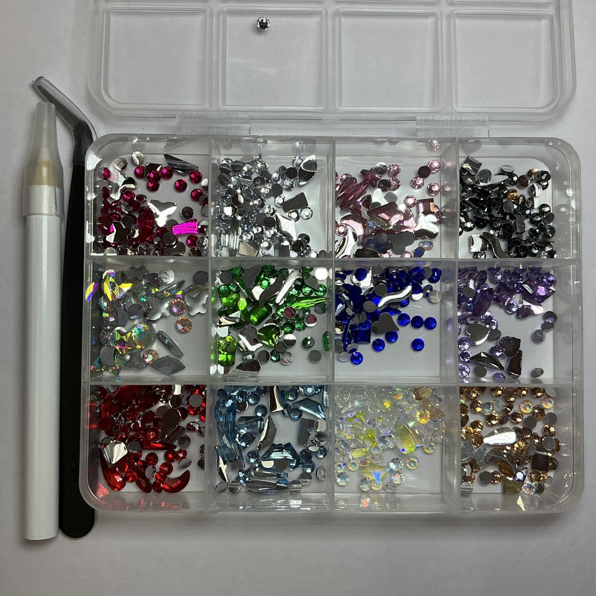 Mixed Shape Flatback Nail Rhinestone Set with sharpener, tweezers & wax pen - JTessentials