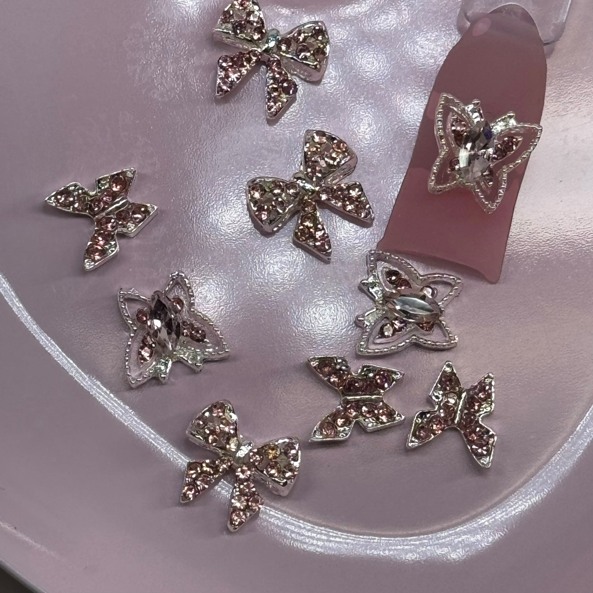 Pink & Silver Nail Charms Mix – Bows & Butterflies Rhinestone Set for Glam Nail Art (10 pcs) - JTessentials