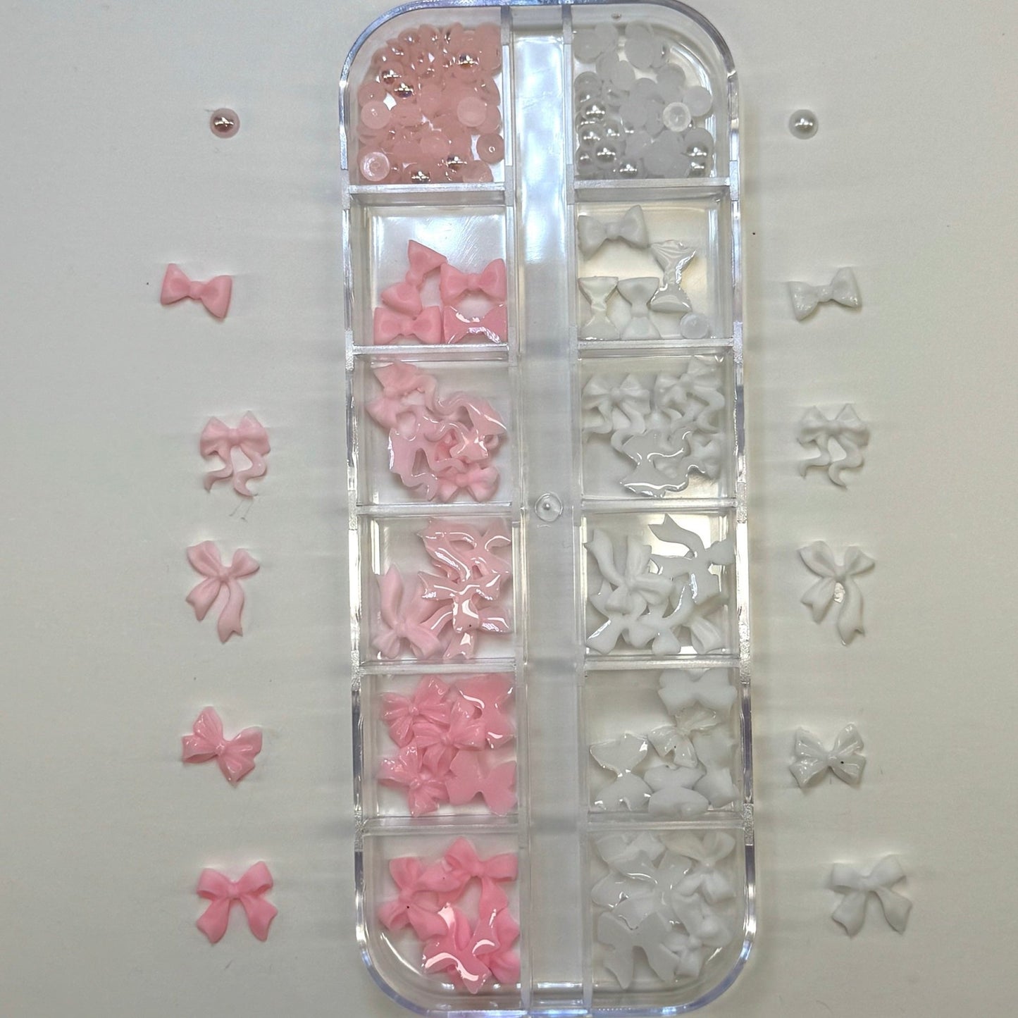 Pink & White Bow Nail Charm Box – Elegant 3D Nail Art Accessories - JTessentials