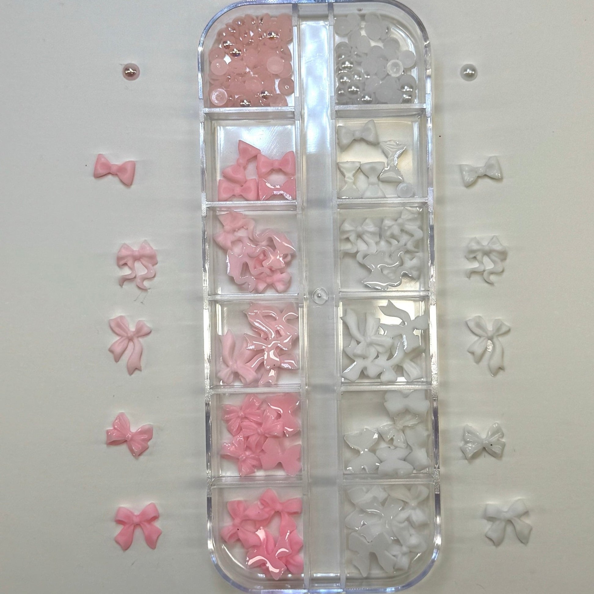 Pink & White Bow Nail Charm Box – Elegant 3D Nail Art Accessories - JTessentials