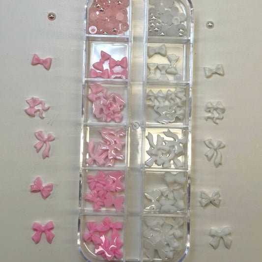 Pink & White Bow Nail Charm Box – Elegant 3D Nail Art Accessories - JTessentials