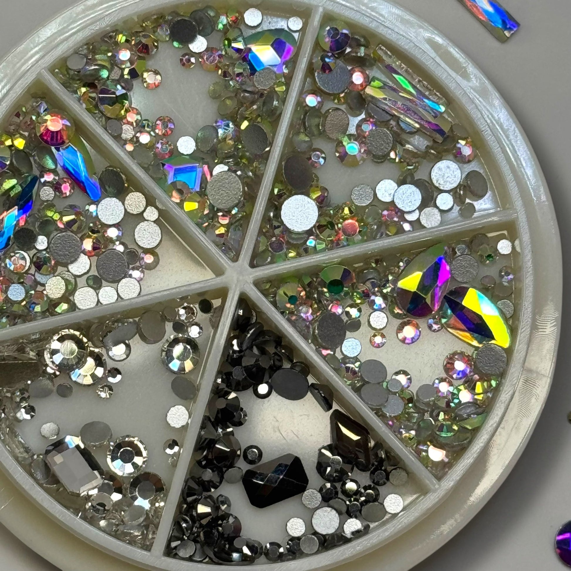 Premium Mixed Rhinestone Nail Art Wheel – Iridescent AB & Black Diamond Crystals Assorted Sizes for Nails - JTessentials