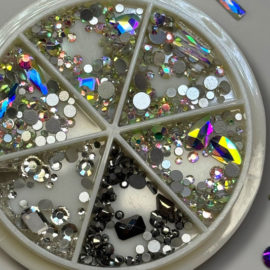 Premium Mixed Rhinestone Nail Art Wheel – Iridescent AB & Black Diamond Crystals Assorted Sizes for Nails - JTessentials