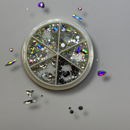 Premium Mixed Rhinestone Nail Art Wheel – Iridescent AB & Black Diamond Crystals Assorted Sizes for Nails - JTessentials