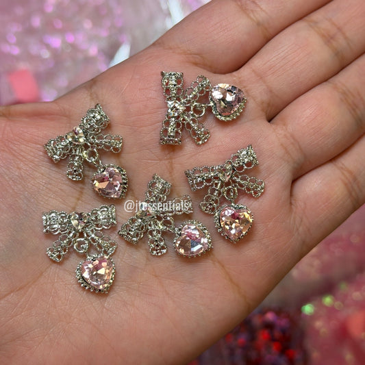 Silver Bow Heart Nail Charm | Rhinestone silver/pink color - JTessentials