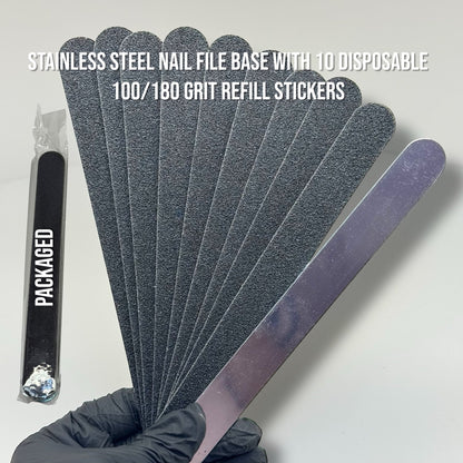 Stainless Steel Nail File Base with 10 Disposable Stickers – Professional Reusable File for Salon Nail Shaping - JTessentials