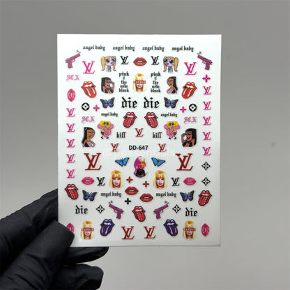 Trendy Pop Art Nail Stickers – Pink Designer Icon Decal Sheet| DD - 647 - JTessentials