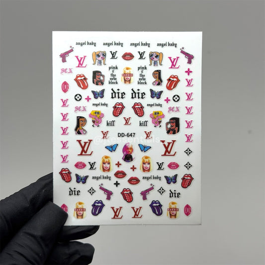 Trendy Pop Art Nail Stickers – Pink Designer Icon Decal Sheet| DD - 647 - JTessentials