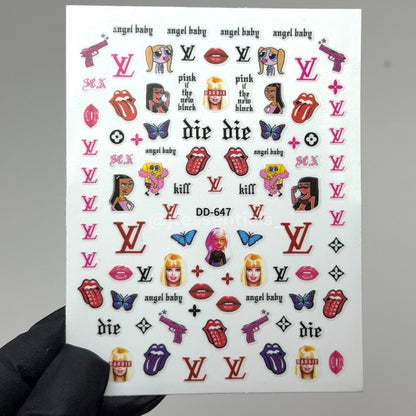 Trendy Pop Art Nail Stickers – Pink Designer Icon Decal Sheet| DD - 647 - JTessentials