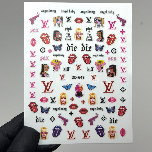 Trendy Pop Art Nail Stickers – Pink Designer Icon Decal Sheet| DD - 647 - JTessentials