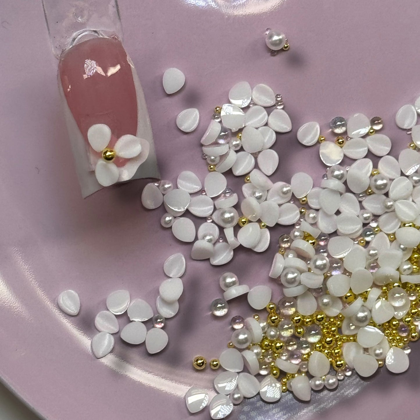 White 3D Flower Petal Nail Art Mix with Pearls & Beads – Acrylic Floral Nail Design Decoration (Random Mix) - JTessentials