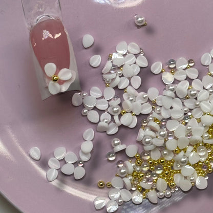 White 3D Flower Petal Nail Art Mix with Pearls & Beads – Acrylic Floral Nail Design Decoration (Random Mix) - JTessentials