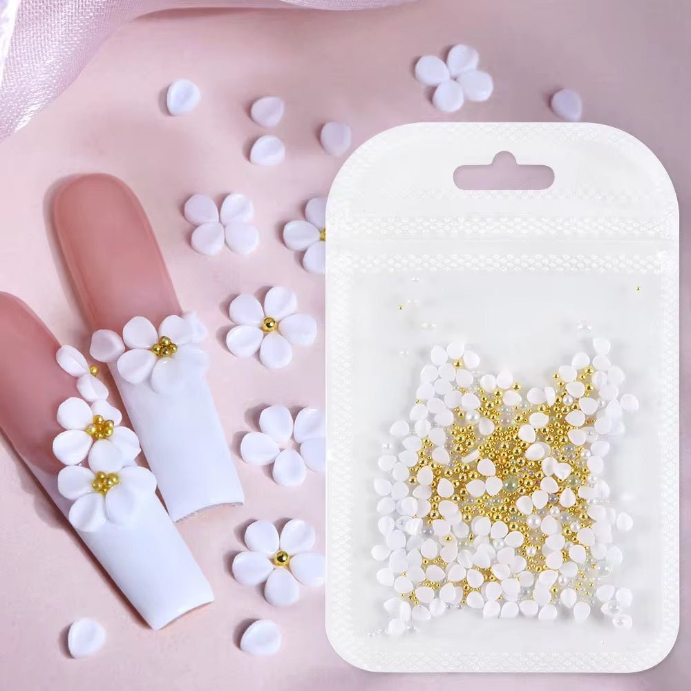 White 3D Flower Petal Nail Art Mix with Pearls & Beads – Acrylic Floral Nail Design Decoration (Random Mix) - JTessentials