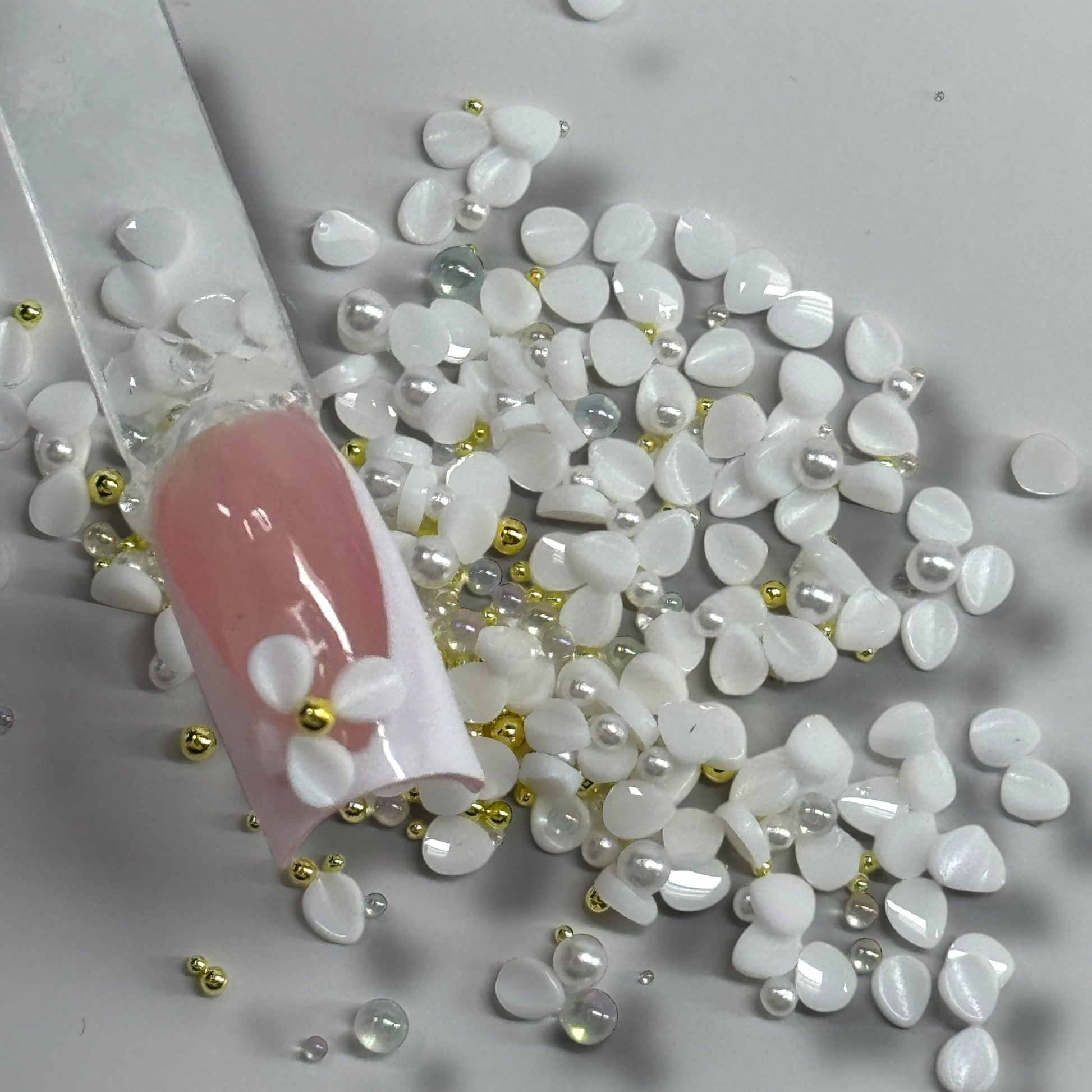 White 3D Flower Petal Nail Art Mix with Pearls & Beads – Acrylic Floral Nail Design Decoration (Random Mix) - JTessentials