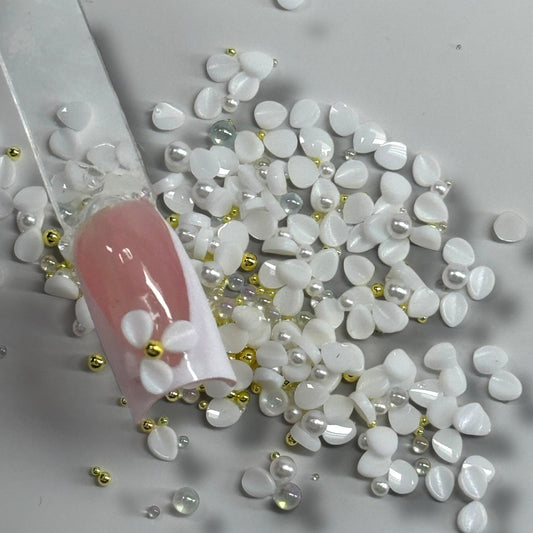 White 3D Flower Petal Nail Art Mix with Pearls & Beads – Acrylic Floral Nail Design Decoration (Random Mix) - JTessentials