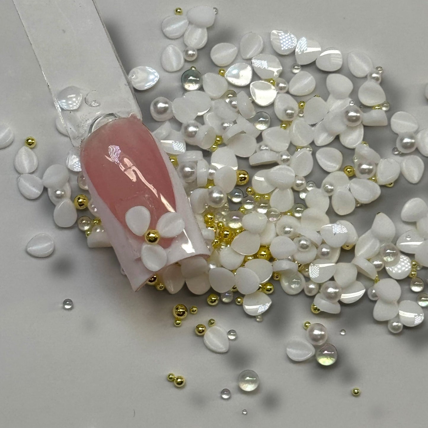 White 3D Flower Petal Nail Art Mix with Pearls & Beads – Acrylic Floral Nail Design Decoration (Random Mix) - JTessentials