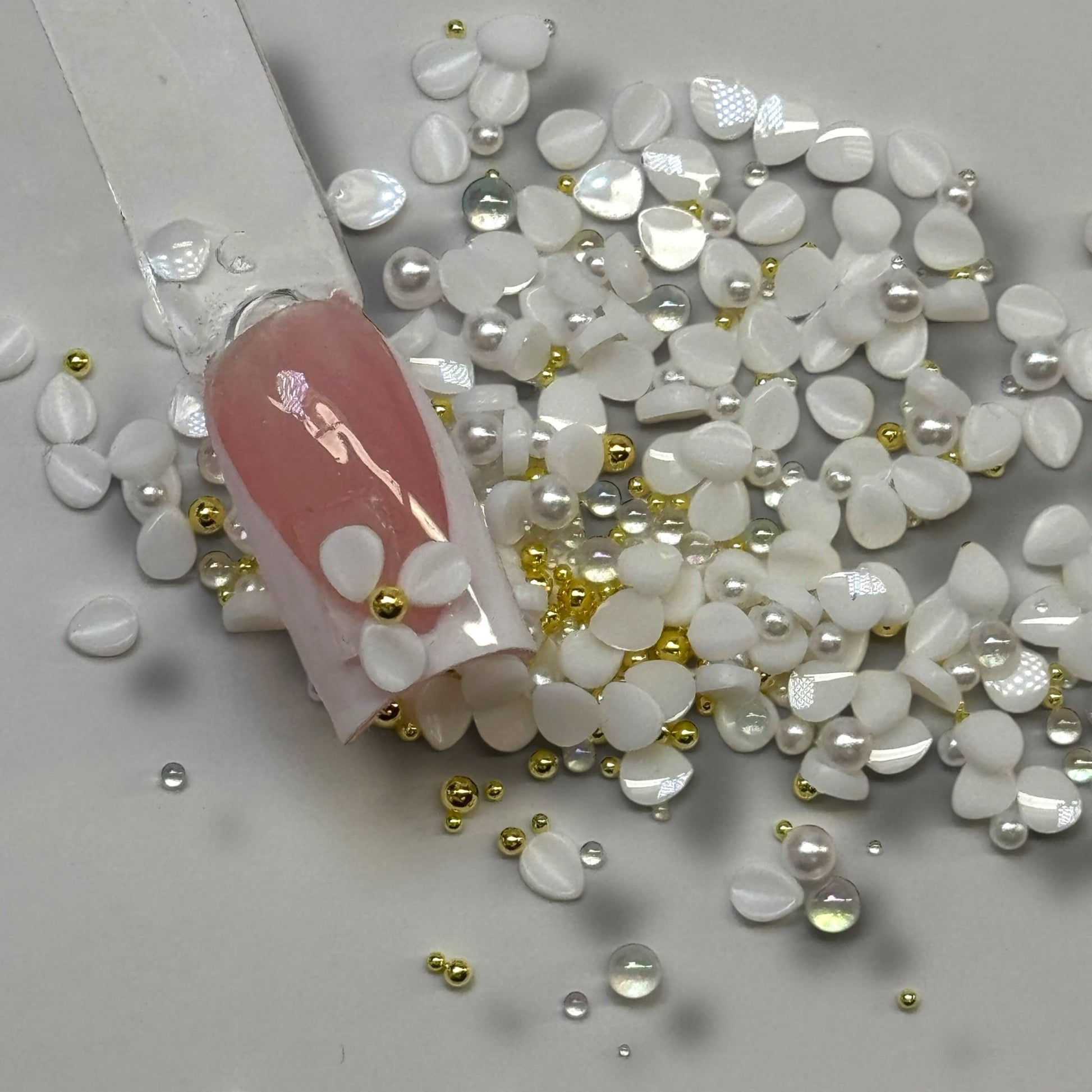 White 3D Flower Petal Nail Art Mix with Pearls & Beads – Acrylic Floral Nail Design Decoration (Random Mix) - JTessentials