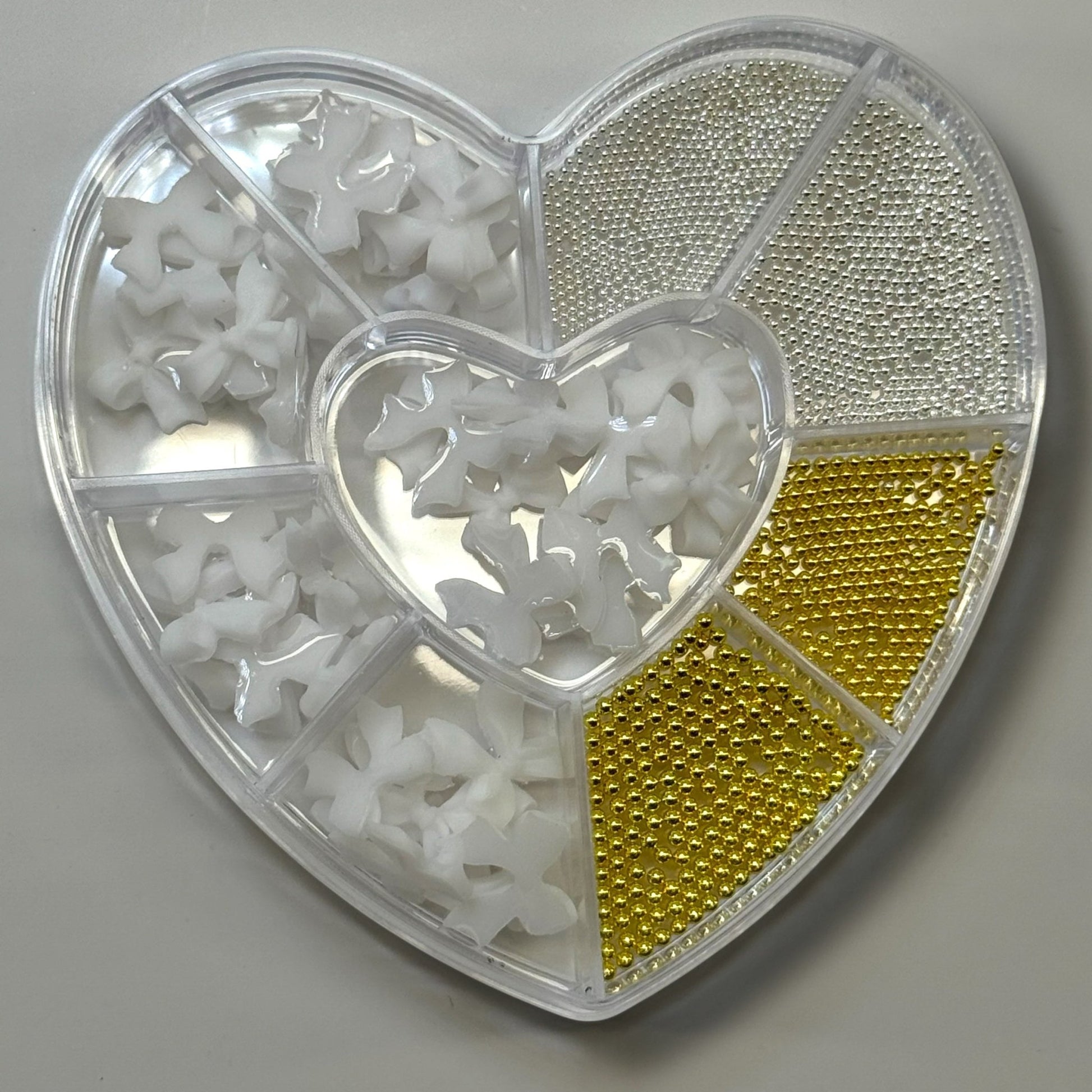 White bow charm Nail Art & Gold Silver Caviar Bead Box – Heart Case Set for Luxe Designs - JTessentials
