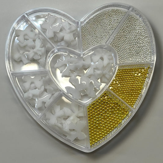 White bow charm Nail Art & Gold Silver Caviar Bead Box – Heart Case Set for Luxe Designs - JTessentials